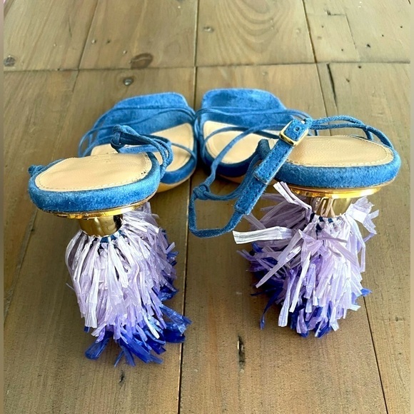 RARE Jacquemus raphia embellished strappy suede sandal in blue purple - Picture 10 of 12